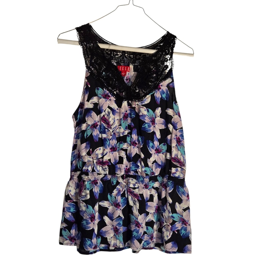 Elle Women Floral Sleeveless Blouse Black Blue Purple Crochet Lace Neck Peplum L